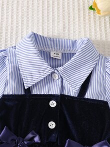 SHEIN Playful Pals 1pc Baby Girls Toddler Girl Velvet Dress Cute Elegant Navy White Bow Ruffle Long Puff Sleeve Lapel Birthday Party Spring Princess Ballet Faux Layered - Royal Blue - View 7