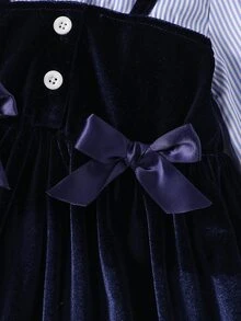 SHEIN Playful Pals 1pc Baby Girls Toddler Girl Velvet Dress Cute Elegant Navy White Bow Ruffle Long Puff Sleeve Lapel Birthday Party Spring Princess Ballet Faux Layered - Royal Blue - View 8