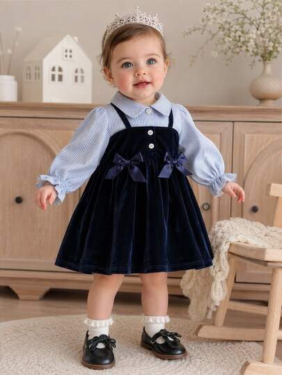 SHEIN Playful Pals 1pc Baby Girls Toddler Girl Velvet Dress Cute Elegant Navy White Bow Ruffle Long Puff Sleeve Lapel Birthday Party Spring Princess Ballet Faux Layered