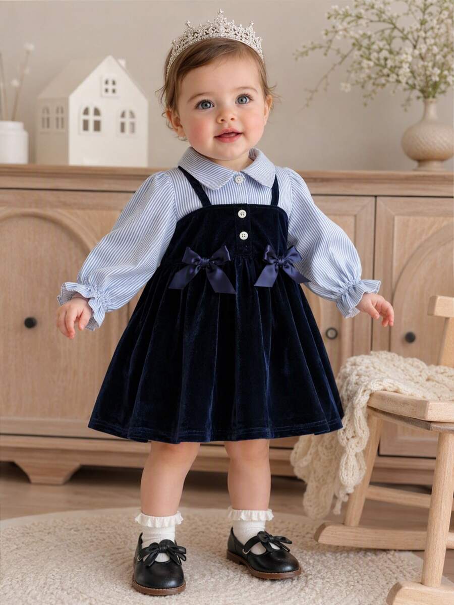 SHEIN Playful Pals 1pc Baby Girls Toddler Girl Velvet Dress Cute Elegant Navy White Bow Ruffle Long Puff Sleeve Lapel Birthday Party Spring Princess Ballet Faux Layered