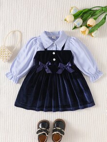 SHEIN Playful Pals 1pc Baby Girls Toddler Girl Velvet Dress Cute Elegant Navy White Bow Ruffle Long Puff Sleeve Lapel Birthday Party Spring Princess Ballet Faux Layered - Royal Blue - View 3