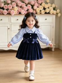 SHEIN Playful Pals 1pc Baby Girls Toddler Girl Velvet Dress Cute Elegant Navy White Bow Ruffle Long Puff Sleeve Lapel Birthday Party Spring Princess Ballet Faux Layered - Royal Blue - View 9
