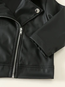 SHEIN 男嬰純色酷帥長袖開襟秋季夾克外套 - 黑色 - 查看 7