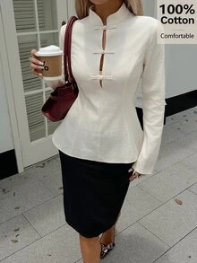 Siren Gaze Blus Wanita 100% Katun Elegan Lengan Panjang Warna Polos Gaya Cheongsam dengan Hem Berumbai, Kerah Tegak, dan Kancing Kodok untuk Musim Gugur - Aprikot - View 9