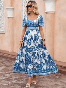Flora Isola Flora Isola 女款春夏優雅波西米亞風通勤度假海灘熱帶數位印花荷葉邊短袖方領A字喇叭裙 白色花卉 - 藍白色 - 查看 7