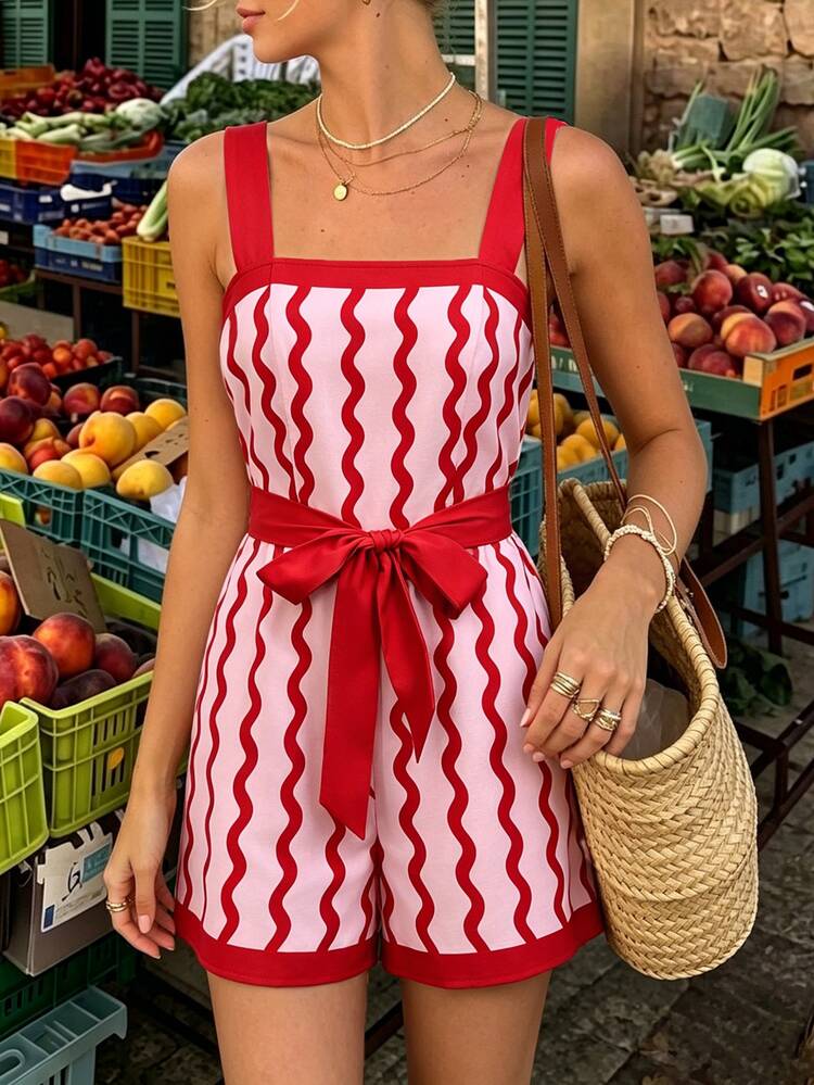 Selianne Women's Spring/Summer Short Jumpsuit With Vacation Print Picnic Brunch Red And White Striped European Tropical - Multicolor - View 5