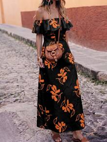 Flora Isola Flora Isola 女款露肩荷葉邊長洋裝，時尚花卉洋裝，適合夏季日常外出、度假、約會與聚會等多用途穿搭 - 黑色 - 查看 5