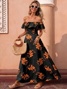 Flora Isola Flora Isola 女款露肩荷葉邊長洋裝，時尚花卉洋裝，適合夏季日常外出、度假、約會與聚會等多用途穿搭 - 黑色 - 查看 4