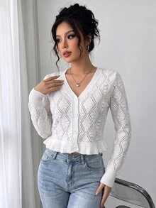 SHEIN Elenzya Cárdigan de punto estilo vintage francés primavera/verano, cuello en V, manga larga, abotonadura sencilla, patrón de diamante hueco, bajo con volantes, chaqueta corta, estilo casual para ir al trabajo, campus, citas, versátil para capas, estilo femenino, cárdigan abierto para mujer - Beis - Ver 5