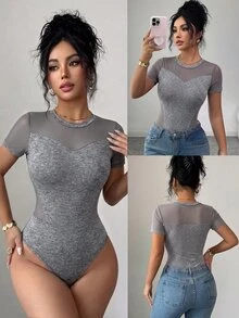 Selianne Women's Spring/Summer Elegant Black Contrast Mesh Round Neck Short Sleeve Fitted Bodysuit - Grey - View 3