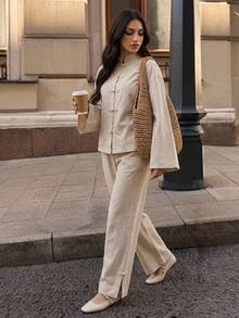 Elenzga Beige Washed Textured Linen Chinese Style Stand Collar Frog Button Top Wide Leg Pants Set Zen Daily Commute Brunch Tea Party Outfit Autumn Fall/Winter - Apricot - View 5