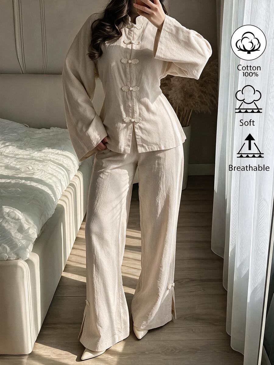 Elenzga Beige Washed Textured Linen Chinese Style Stand Collar Frog Button Top Wide Leg Pants Set Zen Daily Commute Brunch Tea Party Outfit Autumn Fall/Winter - Apricot - View 1