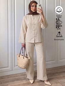 Elenzga Beige Washed Textured Linen Chinese Style Stand Collar Frog Button Top Wide Leg Pants Set Zen Daily Commute Brunch Tea Party Outfit Autumn Fall/Winter - Apricot - View 2
