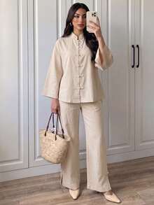 Elenzga Beige Washed Textured Linen Chinese Style Stand Collar Frog Button Top Wide Leg Pants Set Zen Daily Commute Brunch Tea Party Outfit Autumn Fall/Winter - Apricot - View 6
