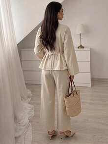 Elenzga Beige Washed Textured Linen Chinese Style Stand Collar Frog Button Top Wide Leg Pants Set Zen Daily Commute Brunch Tea Party Outfit Autumn Fall/Winter - Apricot - View 4