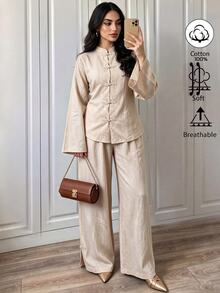 Elenzga Beige Washed Textured Linen Chinese Style Stand Collar Frog Button Top Wide Leg Pants Set Zen Daily Commute Brunch Tea Party Outfit Autumn Fall/Winter - Apricot - View 3