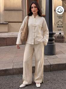 Elenzga Beige Washed Textured Linen Chinese Style Stand Collar Frog Button Top Wide Leg Pants Set Zen Daily Commute Brunch Tea Party Outfit Autumn Fall/Winter - Apricot - View 7