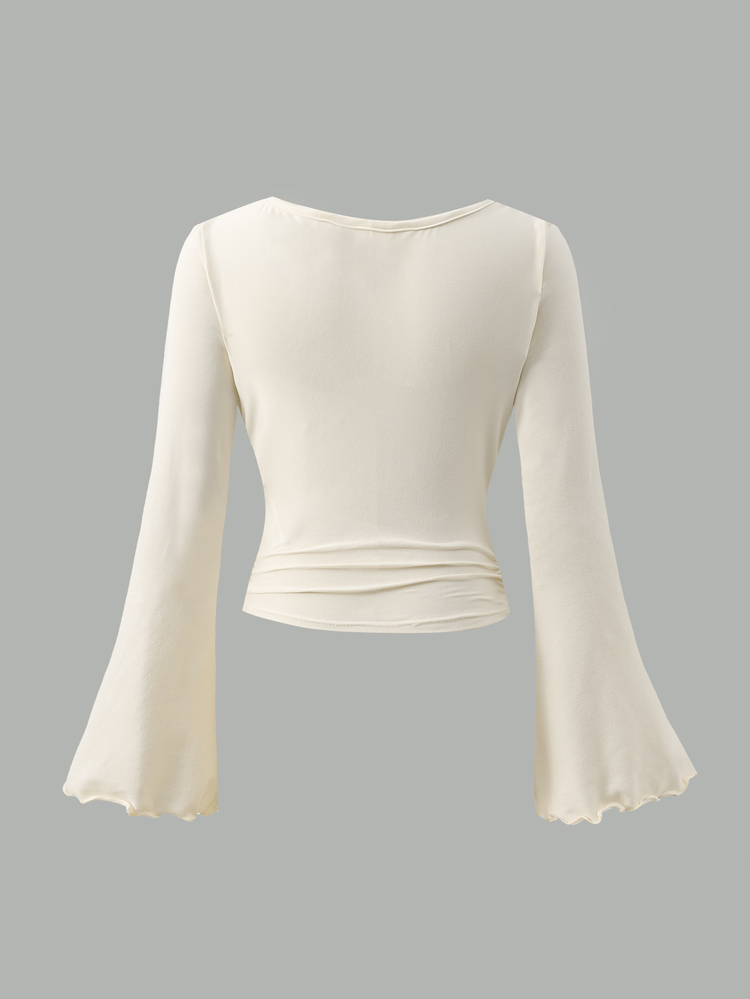 SHEIN Kaos Lengan Panjang Model Lonceng dengan Kerah Berkerut Warna Beige, Elegan Gaya Prancis, Cocok untuk Musim Gugur/Dingin, Cocok untuk Kembali ke Sekolah dan Pemakaian Sehari-hari. - Krem - View 3