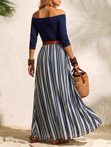 LUMIGAL Gaun Kasual Elegan Wanita Model A-Line dengan Desain Patchwork, Leher Persegi, dan Pinggang Ramping - MultiWarna - View 2