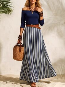 LUMIGAL Gaun Kasual Elegan Wanita Model A-Line dengan Desain Patchwork, Leher Persegi, dan Pinggang Ramping - MultiWarna - View 8