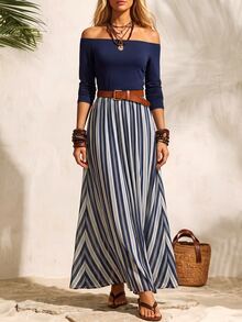 LUMIGAL Gaun Kasual Elegan Wanita Model A-Line dengan Desain Patchwork, Leher Persegi, dan Pinggang Ramping - MultiWarna - View 3