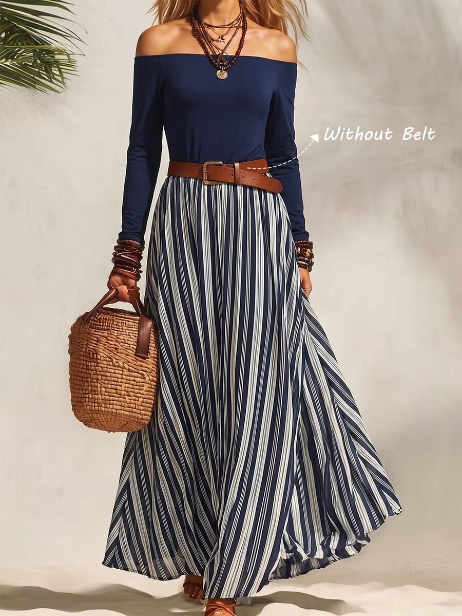 LUMIGAL Gaun Kasual Elegan Wanita Model A-Line dengan Desain Patchwork, Leher Persegi, dan Pinggang Ramping - MultiWarna - View 1