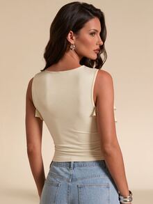 Bluhae Deep V Neck Ruched Drawstring Sleeveless Top - Apricot - View 2