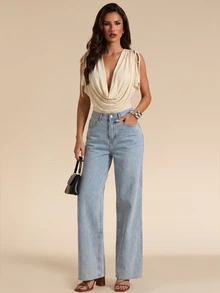 Bluhae Deep V Neck Ruched Drawstring Sleeveless Top - Apricot - View 3