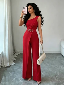 Elenzga Women's Fashion One Shoulder Design Buckle Bodycon Jumpsuit - Red - View 8