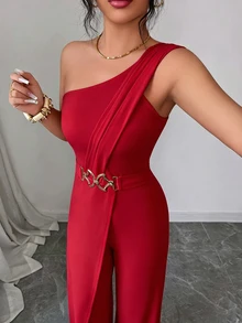 Elenzga Women's Fashion One Shoulder Design Buckle Bodycon Jumpsuit - Red - View 7