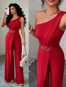 Elenzga Women's Fashion One Shoulder Design Buckle Bodycon Jumpsuit - Red - View 10