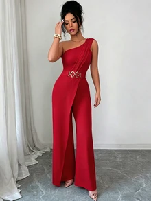 Elenzga Women's Fashion One Shoulder Design Buckle Bodycon Jumpsuit - Red - View 11