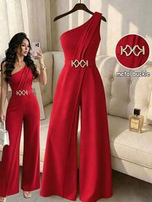 Elenzga Women's Fashion One Shoulder Design Buckle Bodycon Jumpsuit - Red - View 2