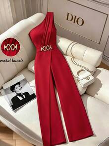 Elenzga Women's Fashion One Shoulder Design Buckle Bodycon Jumpsuit - Red - View 12