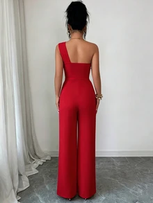 Elenzga Women's Fashion One Shoulder Design Buckle Bodycon Jumpsuit - Red - View 3