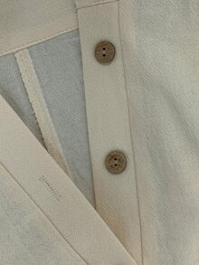 Everyssa Off-White 亞麻領口長袖收腰寬腿連身褲，配草編腰帶，增添隨性復古度假風 - 卡其色 - 查看 5