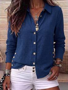 Holdful Holdful Kemeja Kasual Wanita Warna Polos dengan Tekstur dan Kancing, Cocok untuk Kantor, Warna Biru Tua, dan Musim Gugur. - Navy Blue - View 4