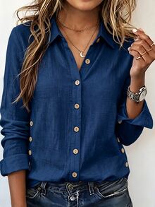 Holdful Holdful Kemeja Kasual Wanita Warna Polos dengan Tekstur dan Kancing, Cocok untuk Kantor, Warna Biru Tua, dan Musim Gugur. - Navy Blue - View 7