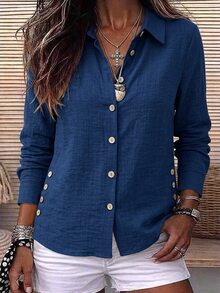 Holdful Holdful Kemeja Kasual Wanita Warna Polos dengan Tekstur dan Kancing, Cocok untuk Kantor, Warna Biru Tua, dan Musim Gugur. - Navy Blue - View 3