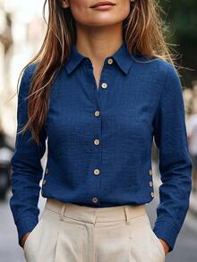 Holdful Holdful Kemeja Kasual Wanita Warna Polos dengan Tekstur dan Kancing, Cocok untuk Kantor, Warna Biru Tua, dan Musim Gugur. - Navy Blue - View 5