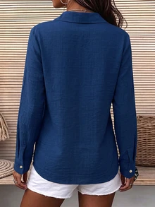 Holdful Holdful Kemeja Kasual Wanita Warna Polos dengan Tekstur dan Kancing, Cocok untuk Kantor, Warna Biru Tua, dan Musim Gugur. - Navy Blue - View 2
