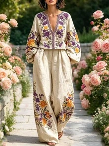 Selamara Women's Floral Print Notched V-Neck Blouse And Wide Leg Pants Casual 2-Piece Set - Multicolor - View 4