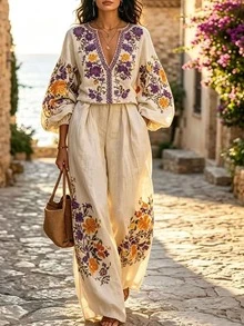 Selamara Women's Floral Print Notched V-Neck Blouse And Wide Leg Pants Casual 2-Piece Set - Multicolor - View 2