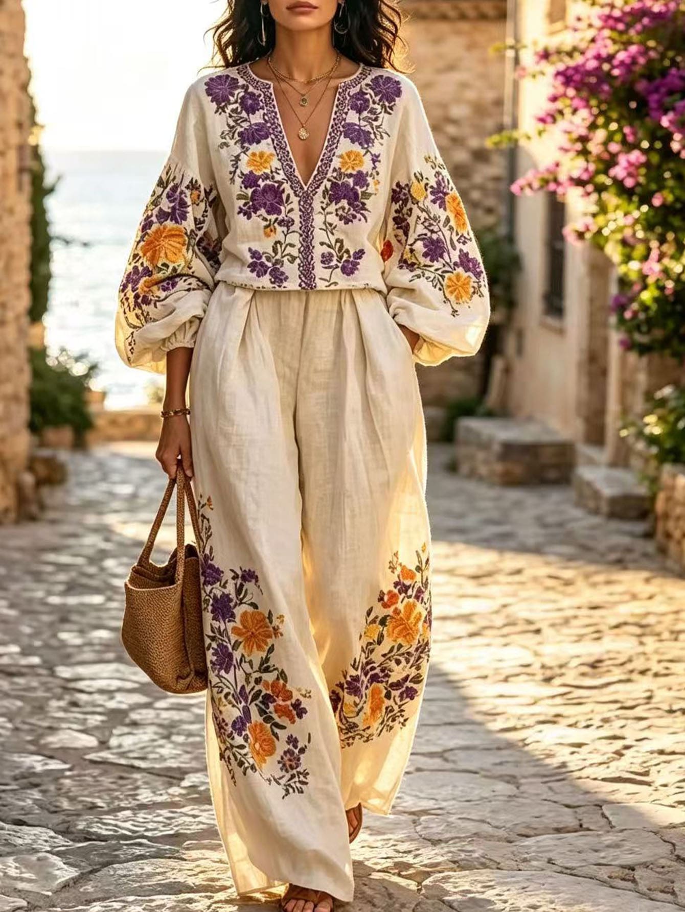 Selamara Women's Floral Print Notched V-Neck Blouse And Wide Leg Pants Casual 2-Piece Set