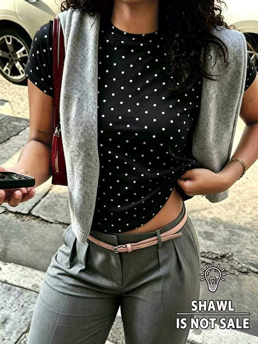 INAWLY 女款夏季休閒波點印花短袖T恤 - 黑色 - 查看 1