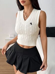 Vivamere 女款休閒秋冬純色針織背心，極簡時尚日常穿搭可愛上衣，適合夏季針織校園風，小碼女款 - 米色 - 查看 6