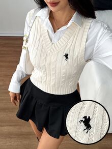 Vivamere 女款休閒秋冬純色針織背心，極簡時尚日常穿搭可愛上衣，適合夏季針織校園風，小碼女款 - 米色 - 查看 9
