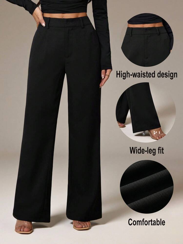 Vivamere Celana Kerja Kantor Kasual Bisnis Wanita Warna Polos Pinggang Tinggi Kaki Lebar Longgar, Cocok untuk Musim Semi/Panas, Celana Panjang Hitam Lurus dan Gaun Mengembang - Hitam - View 8