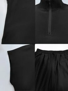SHEIN Holidaya 新款淺亞麻色水洗POLO落肩3/4燈籠褲兩件套休閒度假風日常通勤旅行海灘黑色夏季 - 黑色 - 查看 4