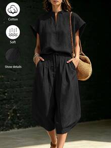 SHEIN Holidaya 新款淺亞麻色水洗POLO落肩3/4燈籠褲兩件套休閒度假風日常通勤旅行海灘黑色夏季 - 黑色 - 查看 5
